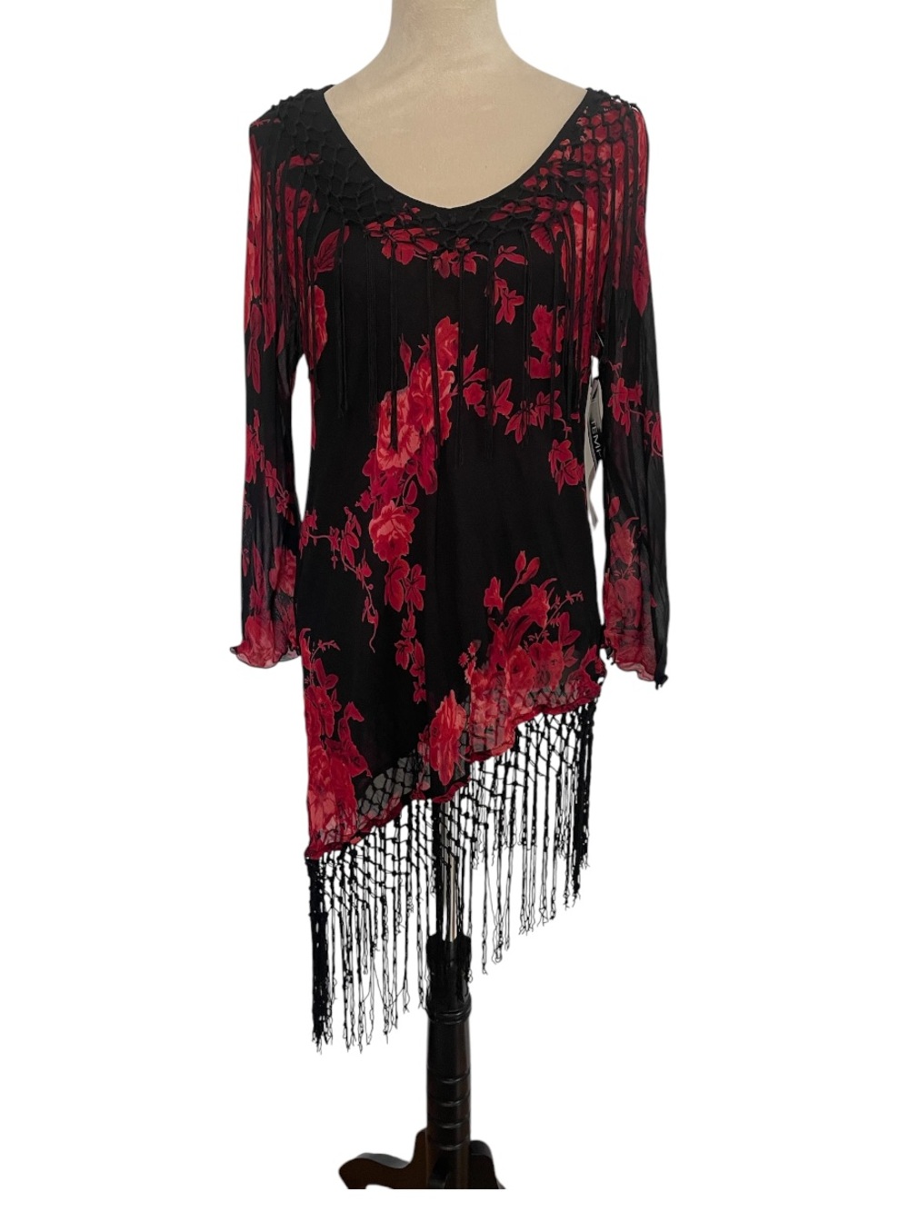 Deadstock Temptations Black and Red Asymmetrical Fringe Floral Tunic